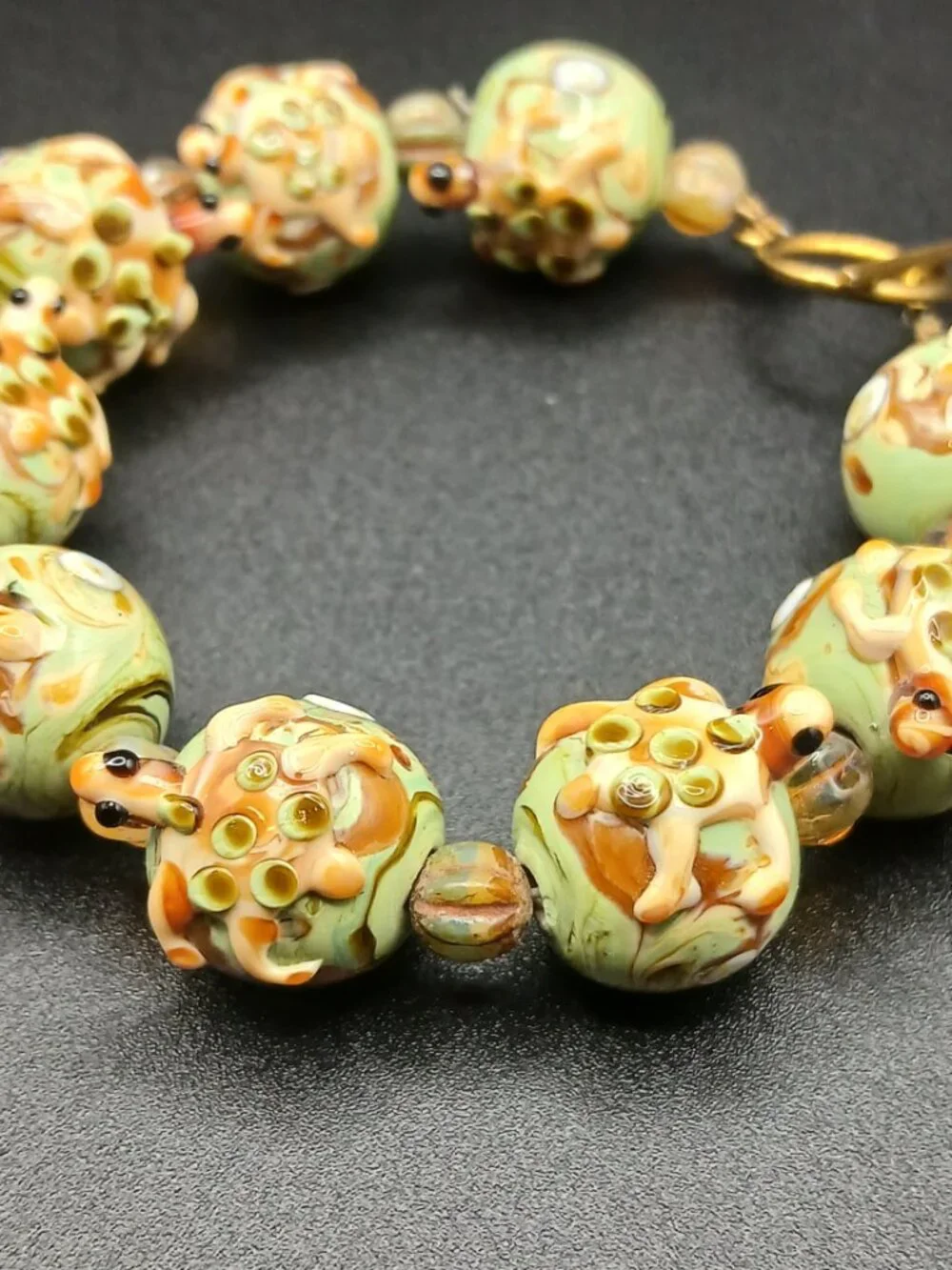 Vintage Artisan Lampwork Glass Turtle Bead Bracelet Sage Green, Cream And Brown